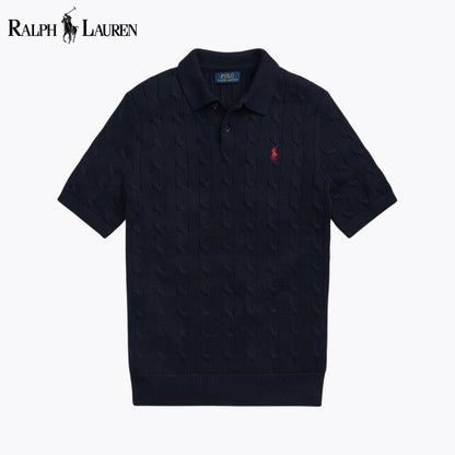 RL Cable-Knit Cotton Polo-Collar Sweater Blue Navy / S RL Cable-Knit Cotton Polo-Collar Sweater