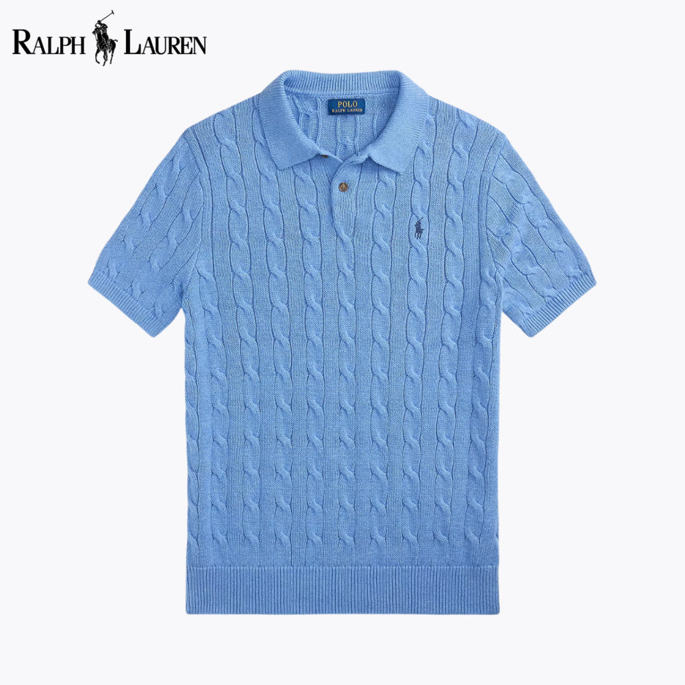 RL Cable-Knit Cotton Polo-Collar Sweater Blue / S RL Cable-Knit Cotton Polo-Collar Sweater