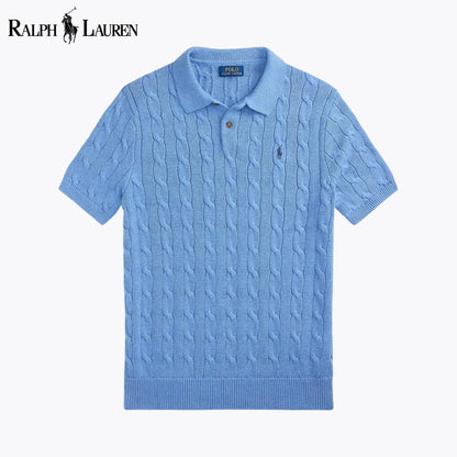 RL Cable-Knit Cotton Polo-Collar Sweater Blue / S RL Cable-Knit Cotton Polo-Collar Sweater
