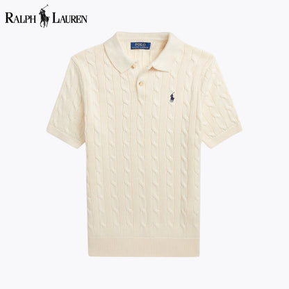 RL Cable-Knit Cotton Polo-Collar Sweater Cream / S RL Cable-Knit Cotton Polo-Collar Sweater